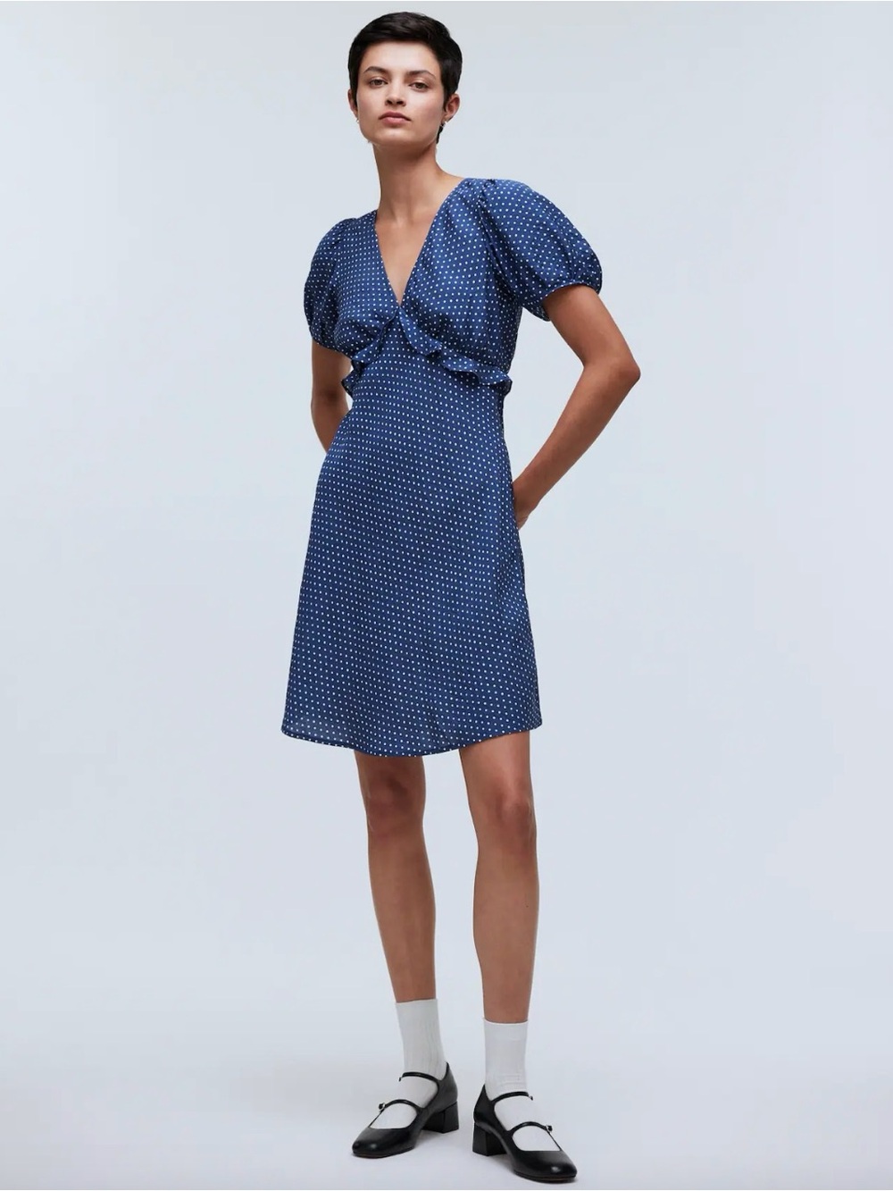 Madewell Puff-Sleeve Ruffle Mini Dress in Polka Dot